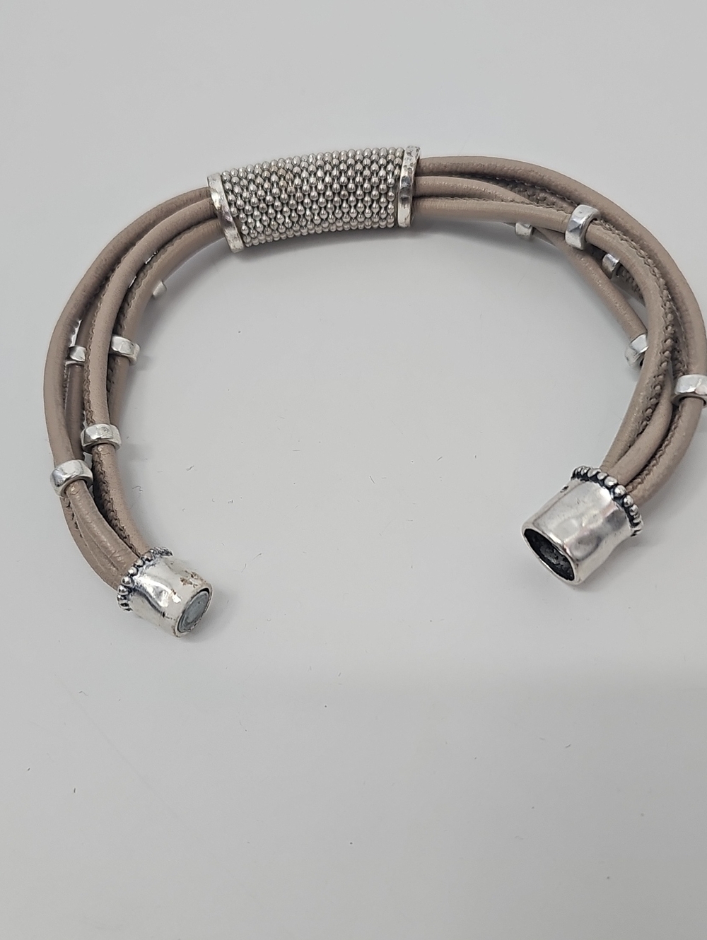 Chico's Taupe Faux Leather Rope Bracelet w Silver Accent & Magnet Clasp - Picture 3 of 6